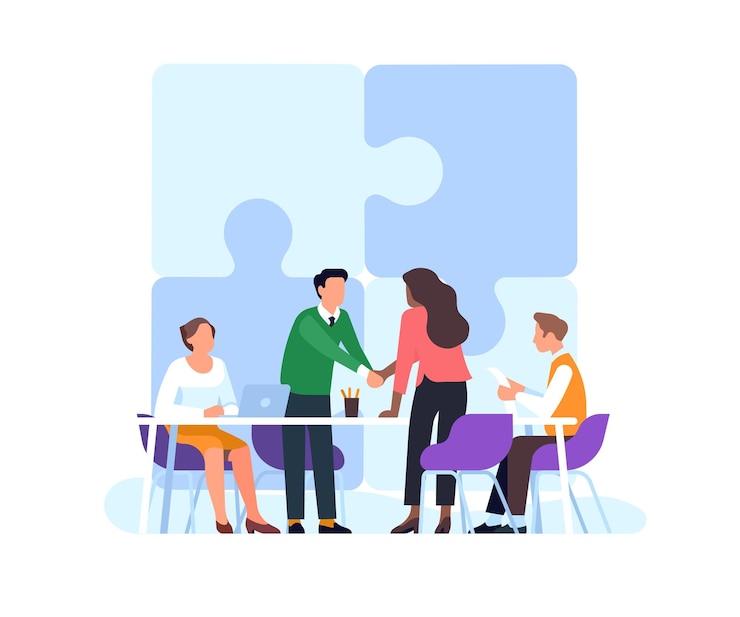 Vector two business people shaking hands assembled puzzle above them symbol of agreement negotiation success partners cooperation corporate deal jigsaw pieces connection vector concept