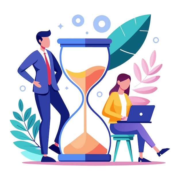 Two business people working against time hourglass vector illustration