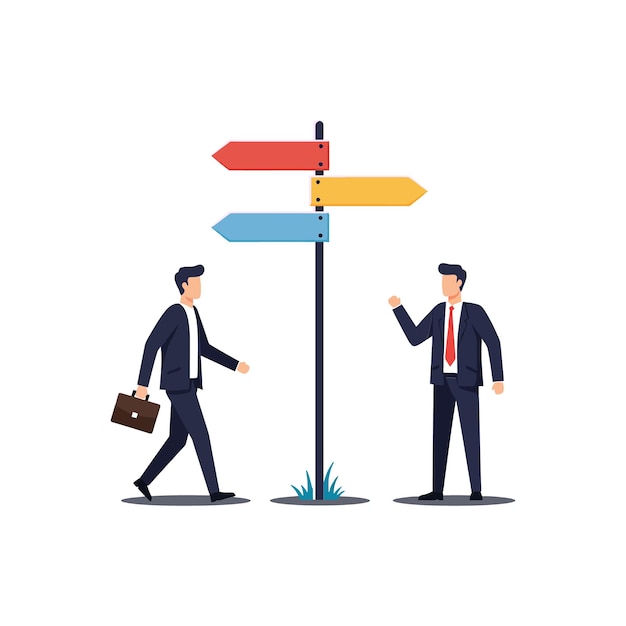 Two business professionals discussing directions at a colorful signpost in a flat design vector illustration