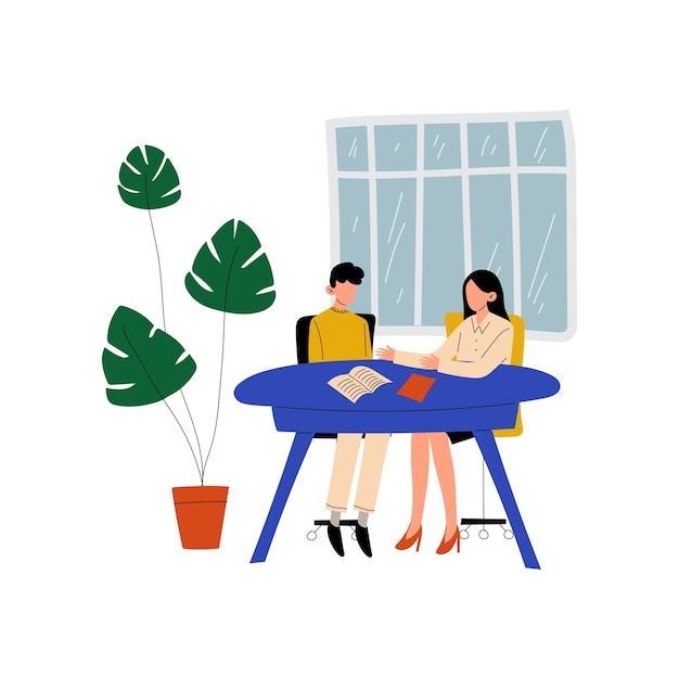 Two business woman sitting at desk and talking colleagues working together in office communication between coworkers vector illustration on white background