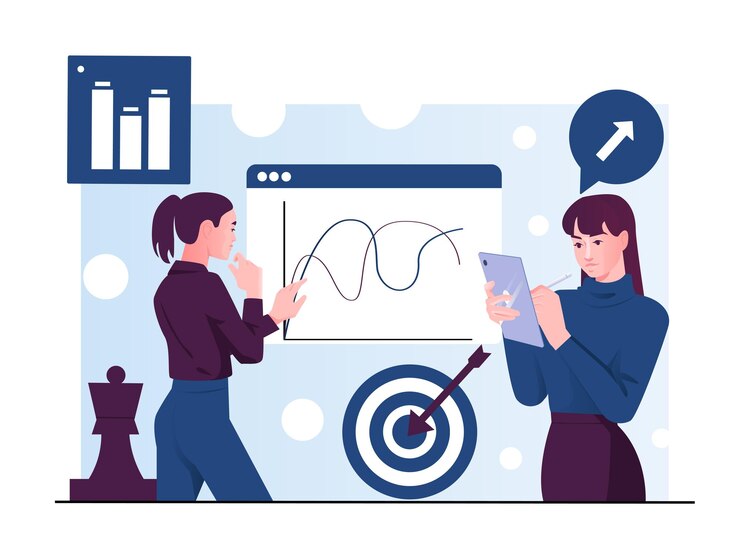 Vector two business women analyzing market data on a digital chart flat graphic style with abstract blue