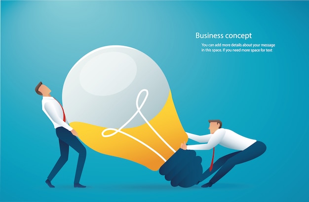 Vector two businessman push light bulb. creative concept