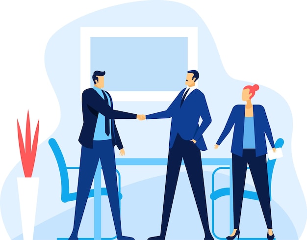 Two businessmen are shaking hands after reaching an agreement during a business meeting while a businesswoman observes holding documents in a modern office setting