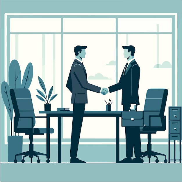 two businessmen in a formal handshake within an office setting They are dressed in suits
