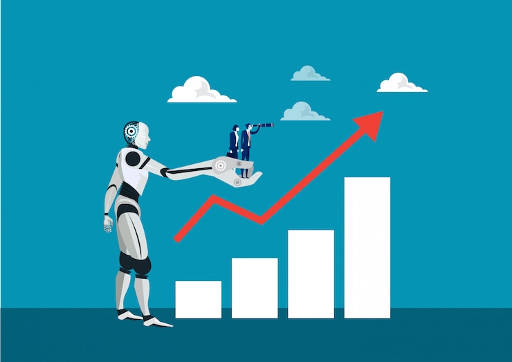 Vector two businessmen holding binoculars on hand of robot for analysis
