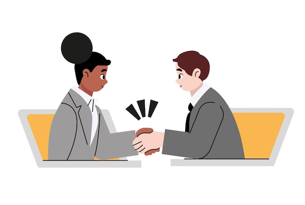 Vector two businessmen man and woman talk through laptop screens and shake hands. online communication and