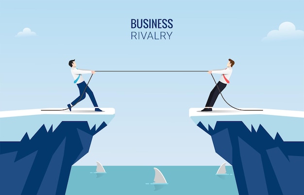 Two businessmen pull rope at edge of cliff concept. business competition challenge  illustration