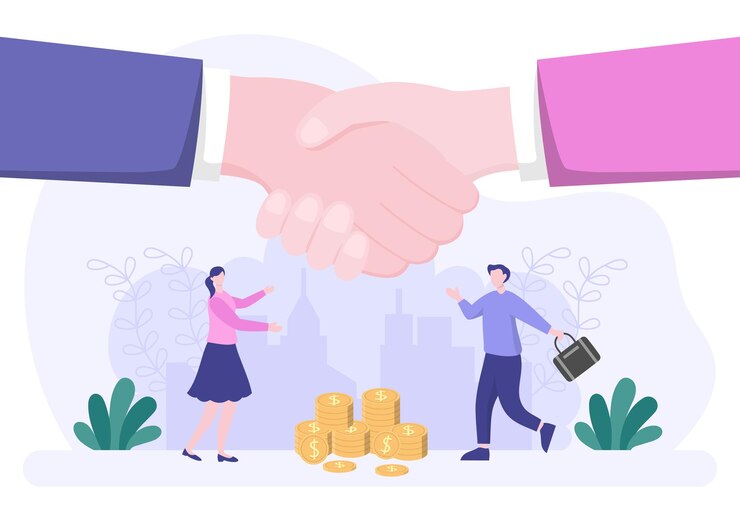 Vector two businessmen reach a deal or agreement shaking hands on cooperation contract as successful partners. background vector illustration