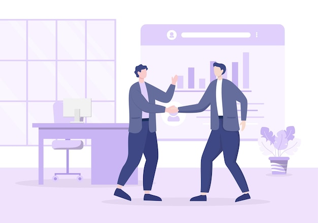 Vector two businessmen reach a deal or agreement shaking hands on cooperation contract as successful partners. background vector illustration