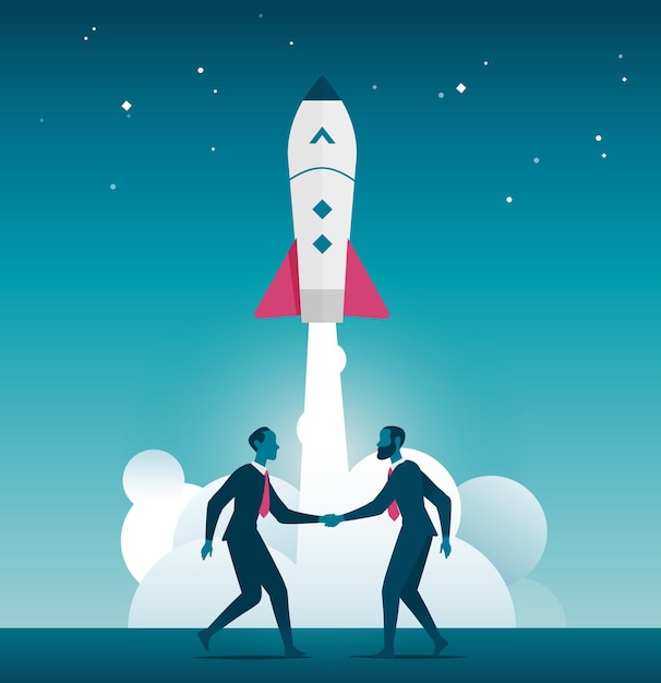 Vector two businessmen shake shands business startup vector illustration rocket launch