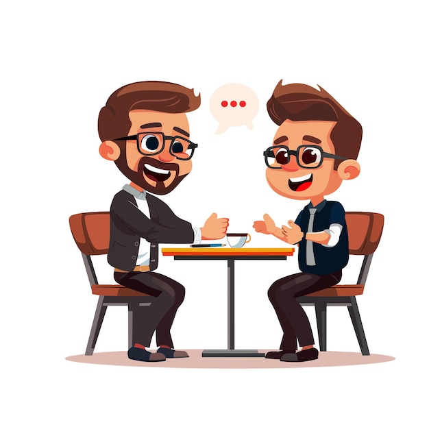 Vector two businessmen sitting at the table and talking vector cartoon character illustration