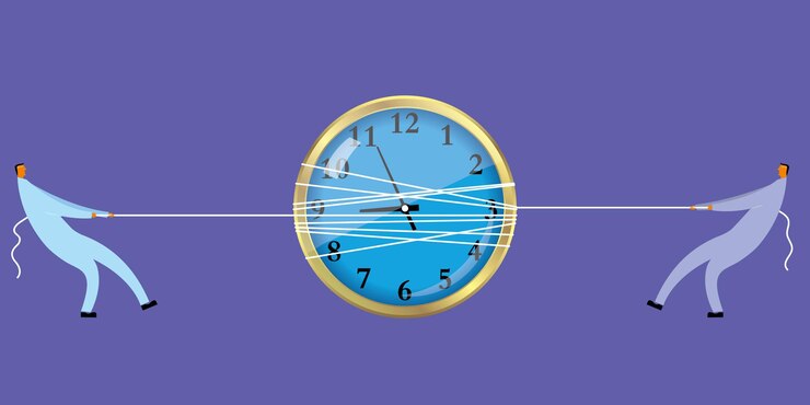 Vector two businessmen tug of war,common pull clock.