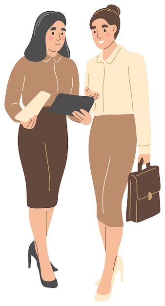 Two businesswomen are discussing something on a tablet