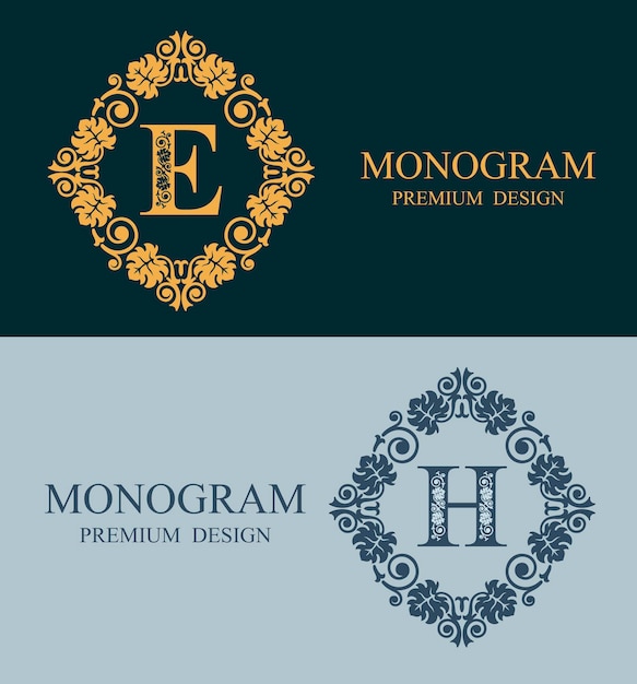 2 つのカリグラフィ文字 E と H モノグラム デザイン要素 カリグラフィの優雅なテンプレート