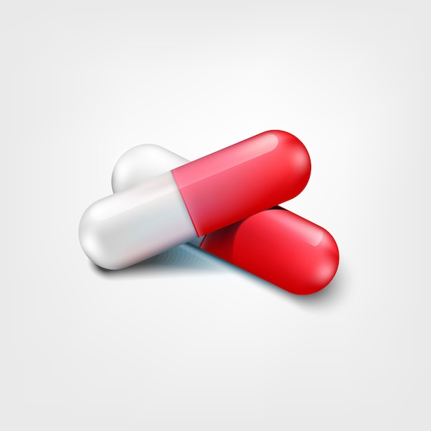 두 캡슐 알 약 흰색과 붉은 색 흰색 배경에 고립. 하나는 열고 닫습니다. 약국이나 약국에 대한 배경. 의료 또는 제약 개념을위한 디자인 요소