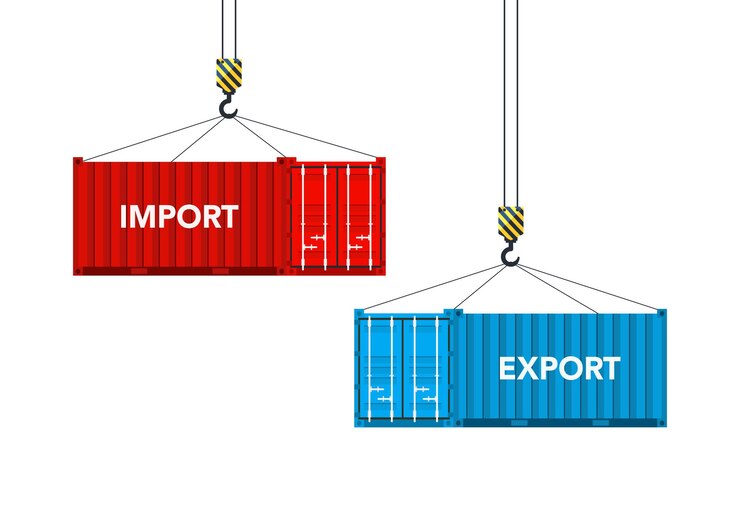 Vector two cargo containers with import and export vector illustration
