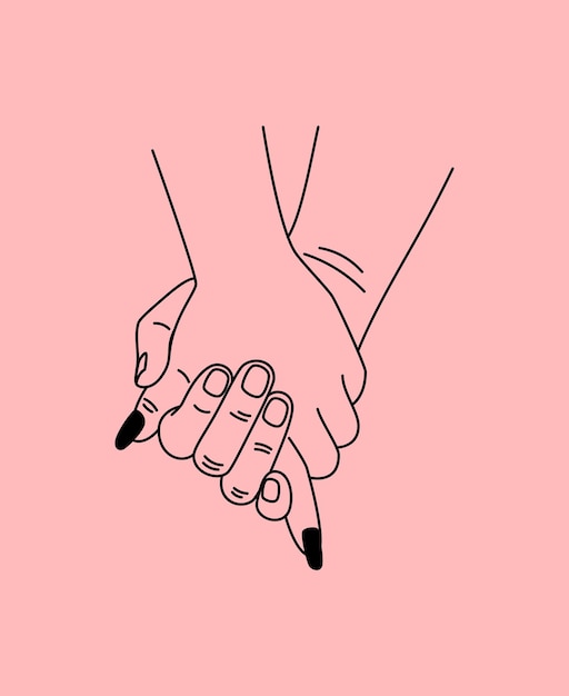 Vector two caring hands. cartoon romantic touch of palms of lovers, symbol of family protection, vector illustration concept of togetherness and safety isolated on pink