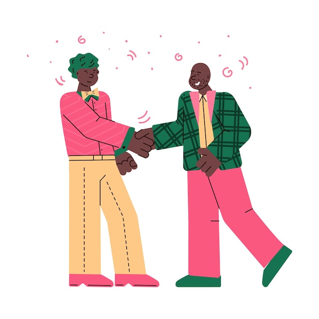 Vector two cartoon black men sharing handshake in agreement