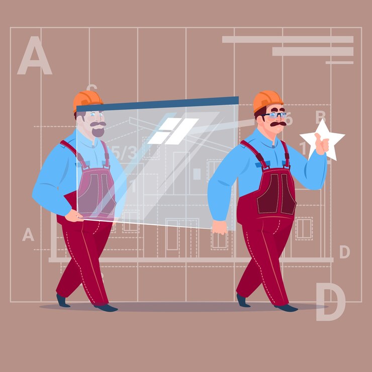 Vector two cartoon builders carry glass 