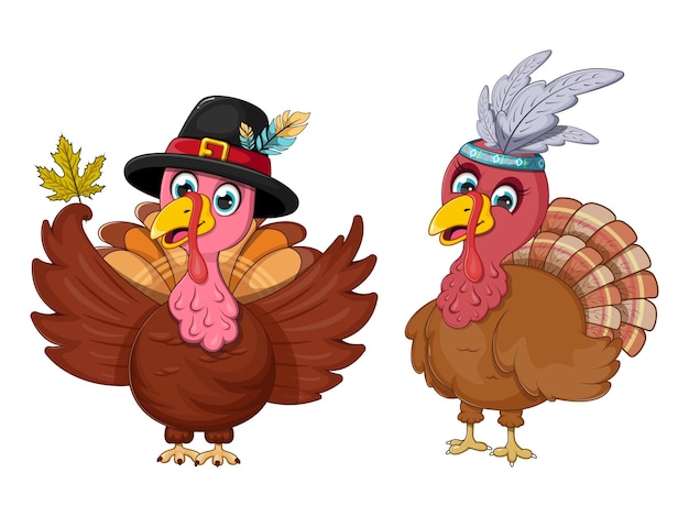 Two cartoon and cute turkeys for happythanksgiving day