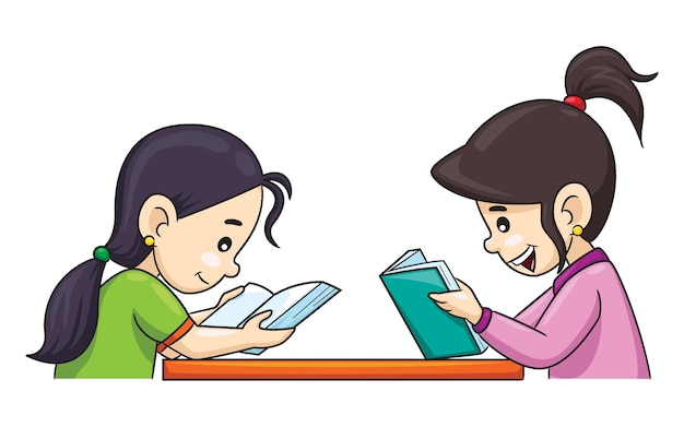 Two cartoon girls reading a book face to face