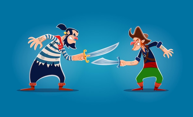 Vector two cartoon pirate corsairs fighting on sabers