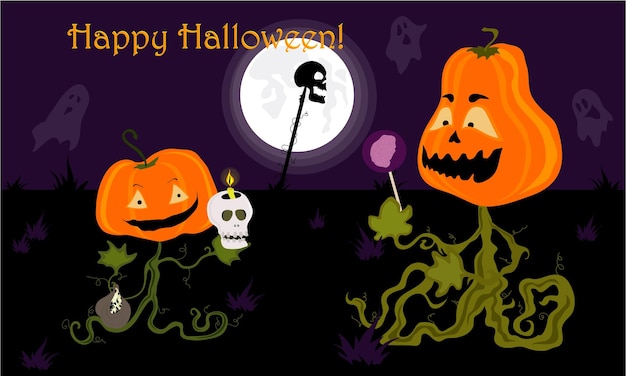 Two cartoon pumpkins celebrate Halloween night with a moon and ghosts on a background