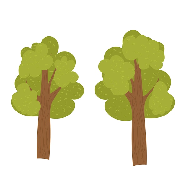 Два мультяшных дерева с зеленой листвой и коричневыми стволами изолированы на белом фоне природы и
