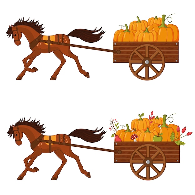 Due carri con zucche, frutti, frutti di bosco e funghi e un cavallo in corsa