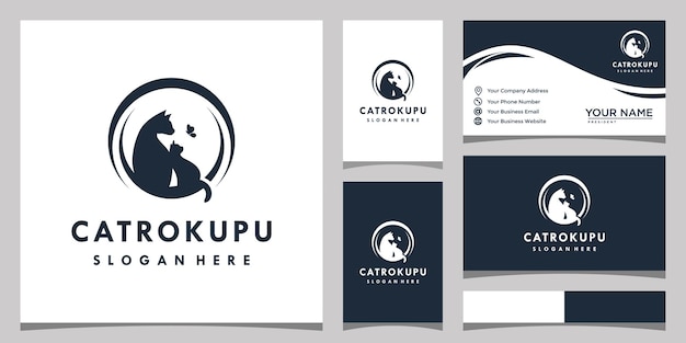 Vector two cats logo template with butterfly and business card design