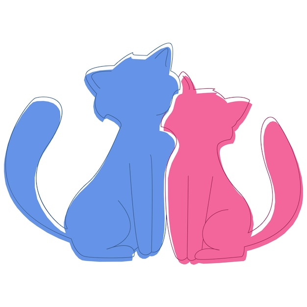 ピンクとブルーの 2 匹の猫、愛の出会い。