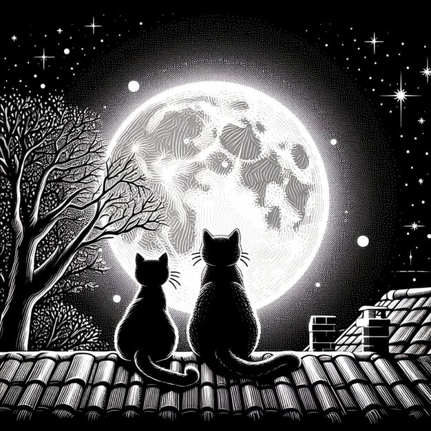 Vector two cats sit on a roof and look at the moon