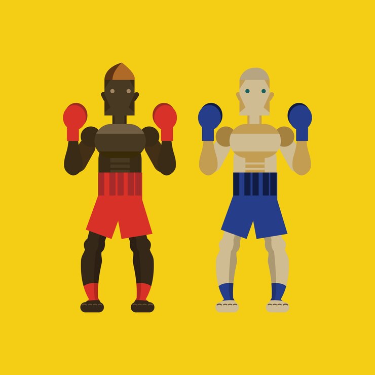 Vector two caucasian men exercising thai boxing. flat character design. vector illustration