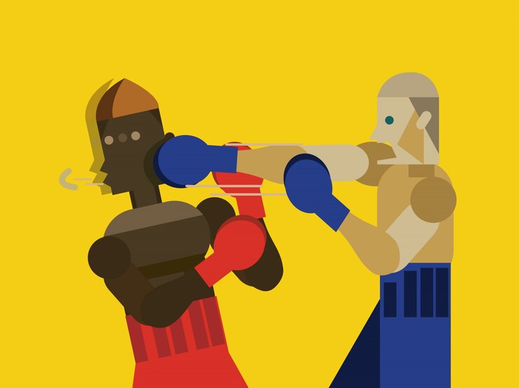 Vector two caucasian men exercising thai boxing. flat character design. vector illustration