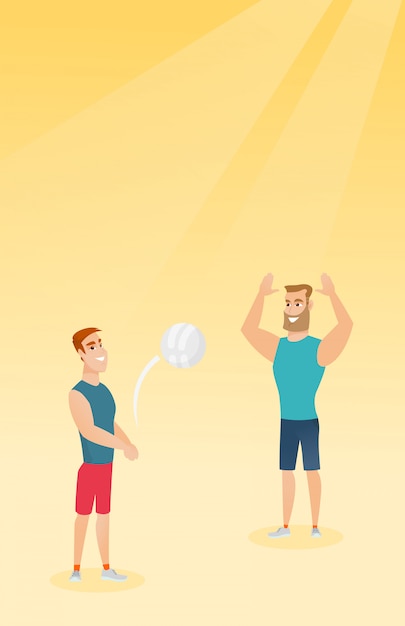 Two caucasian men playing beach volleyball