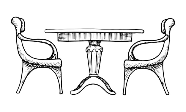 의자 2개와 테이블. 스케치 스타일의 벡터 일러스트 레이 션.