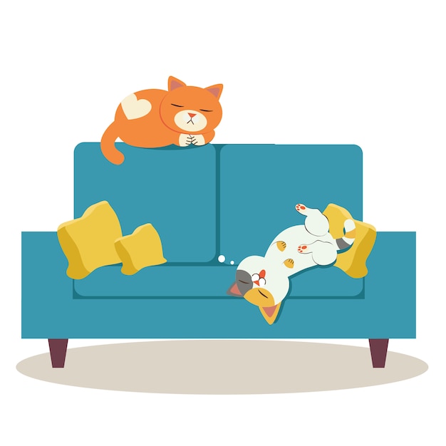 The two character of cat sleeping on the sofa and they look relaxing