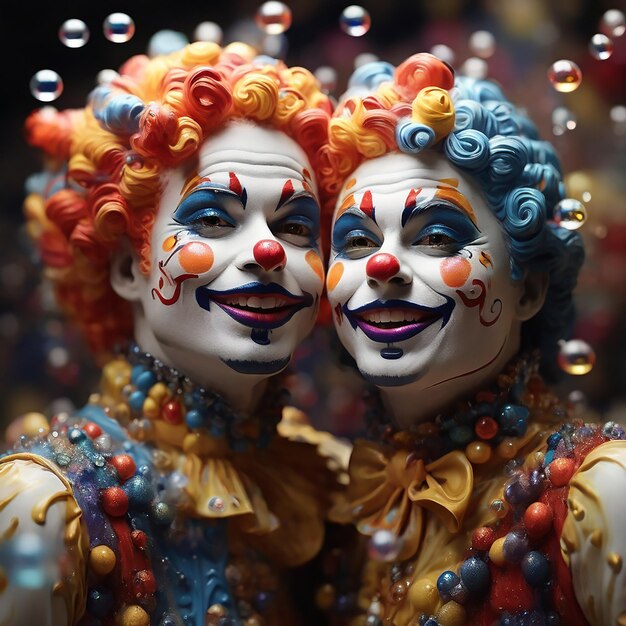 Vector two cheerful mischievous clowns joy in the soap bubbles isolated on the background