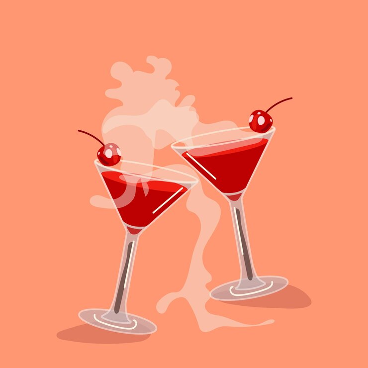 Vector two cherry martini cocktails for valentine's day a glass glass with a cherry and smoke from cold