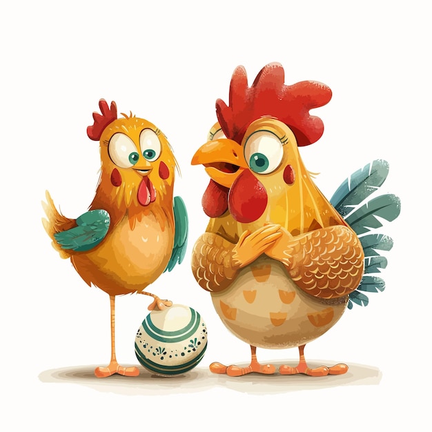 two chickens are standing next to a egg and a cartoon drawing of a chicken