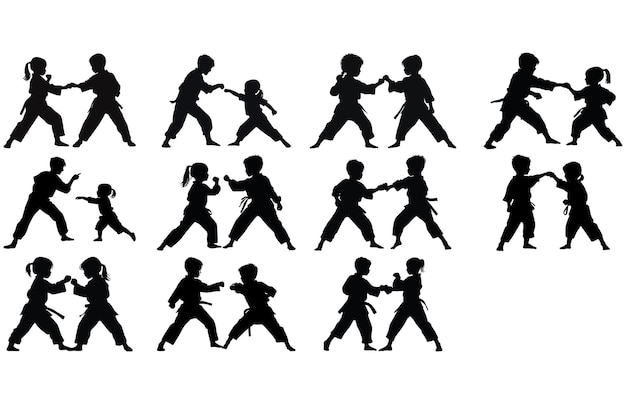 Vector two child practicing karate silhouette two child fighters in a match