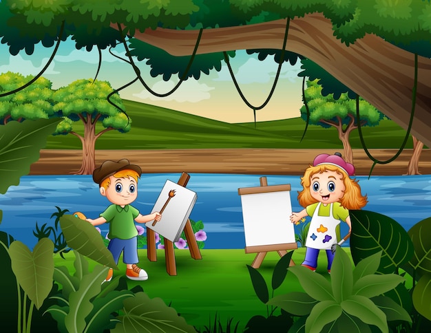 Двое детей с удовольствием рисуют у реки