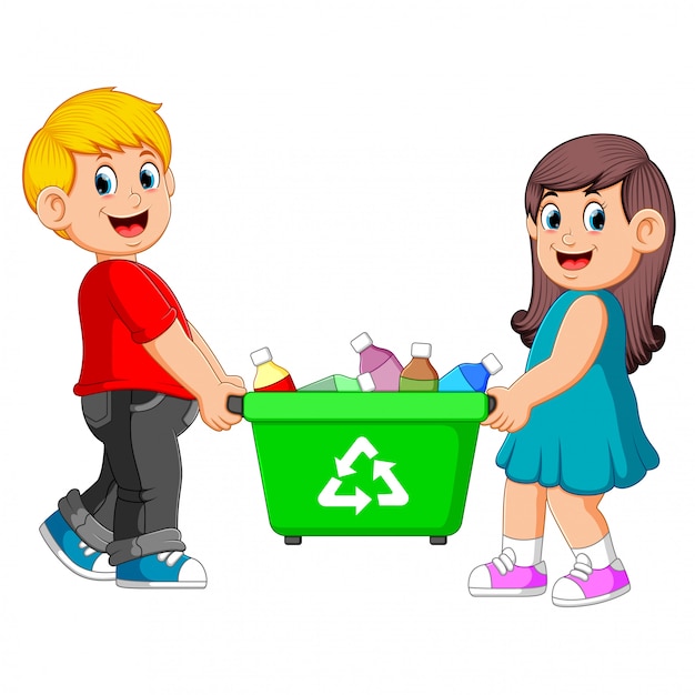 Two children carry on recycle bin