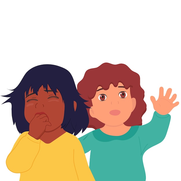 Two children  the first girl cries the second girl calms her friend good and bad emotions vector flat white background