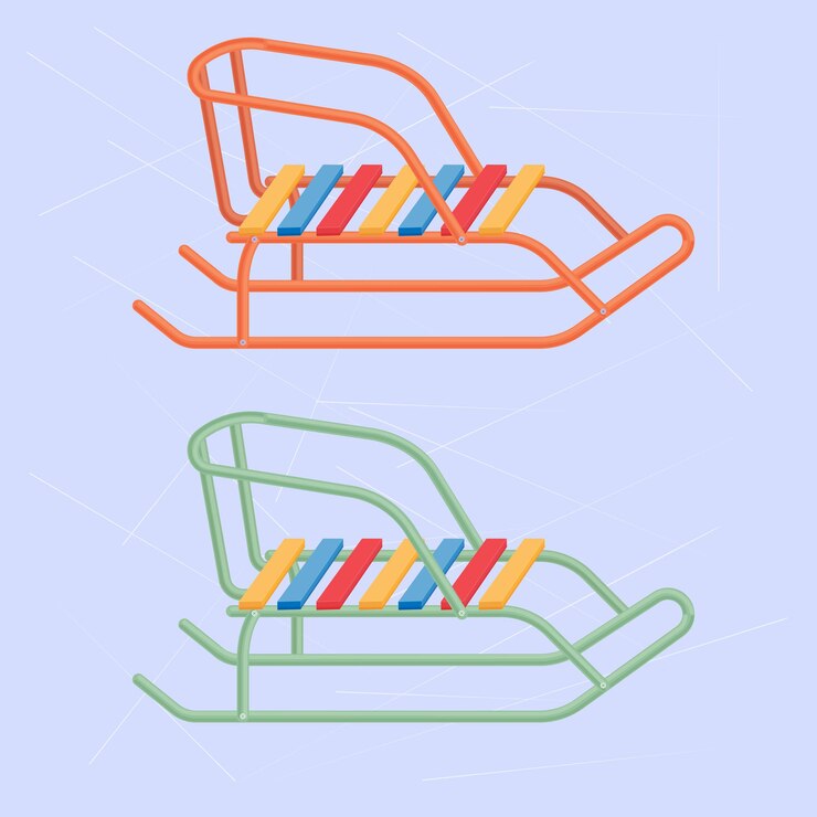 Vector 다른 색상의 두 어린이의 금속 썰매. 얼음에 밝은 어린이의 금속 썰매. 산에서 스키를 타기 위한 썰매. 야외 활동을 위한 어린이 장비. 벡터 일러스트 레이 션