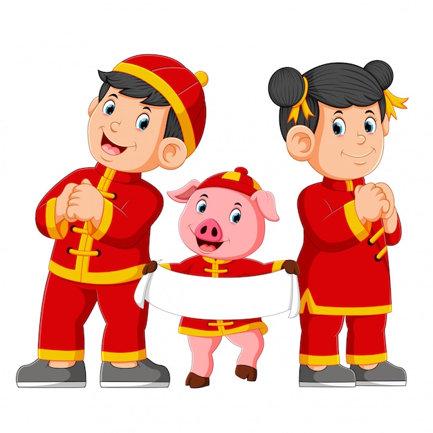 two children with a pink pig are giving a greeting for a china's new year