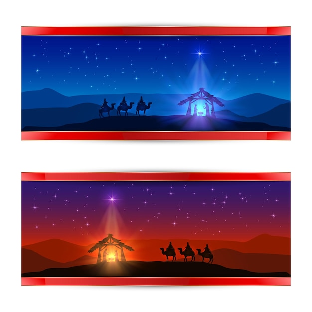 Two Christmas cards with Christmas star birth of Jesus and three wise men illustration