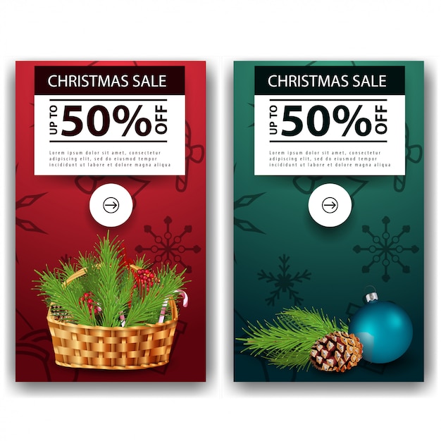 Two christmas discount banners with christmas tree branches