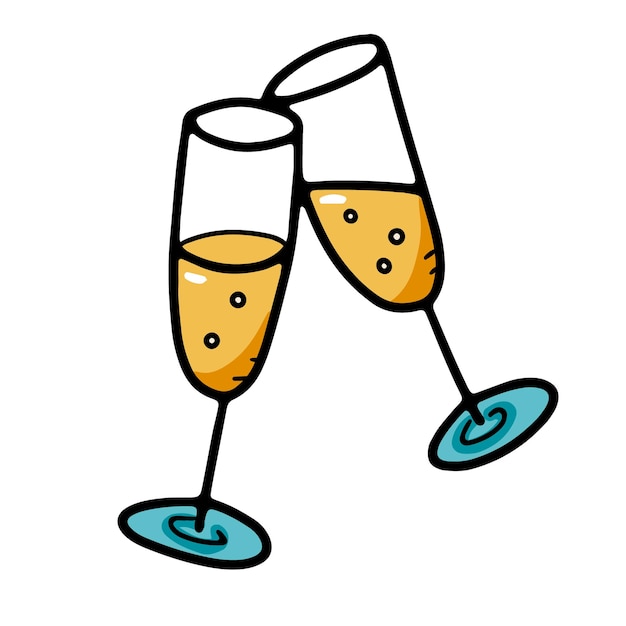 Two clinking festive doodle style champagne glasses