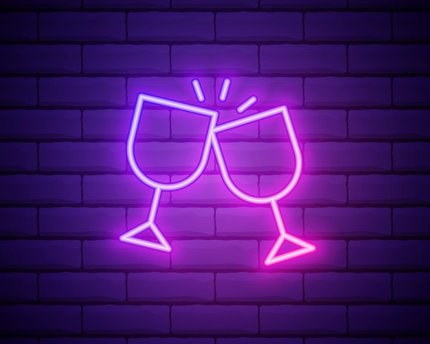 Vector two clinking red wine goblets with splash neon sign celebration design element night bright neon sign colorful billboard light banner vector illustration in neon style